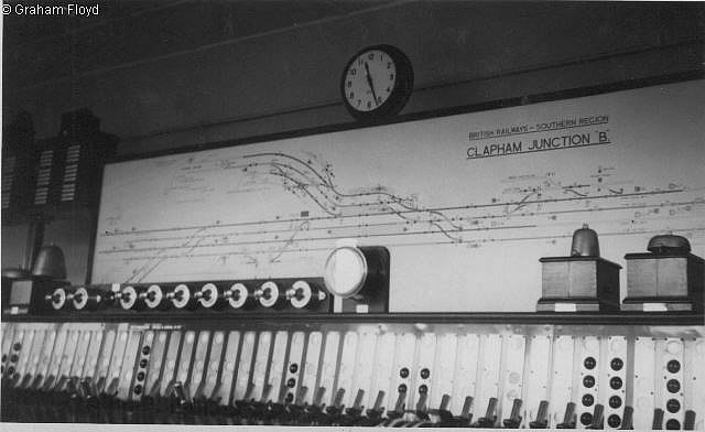 Clapham Junction B closeup of the Westinghouse lever frame and track diagram taken in 1952