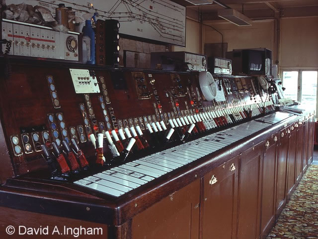 Deal Street [Manchester] signal box taken in 1990, with its Westinghouse Brake and Signal Co. Ltd style 'K' miniature power lever frame photograph 1