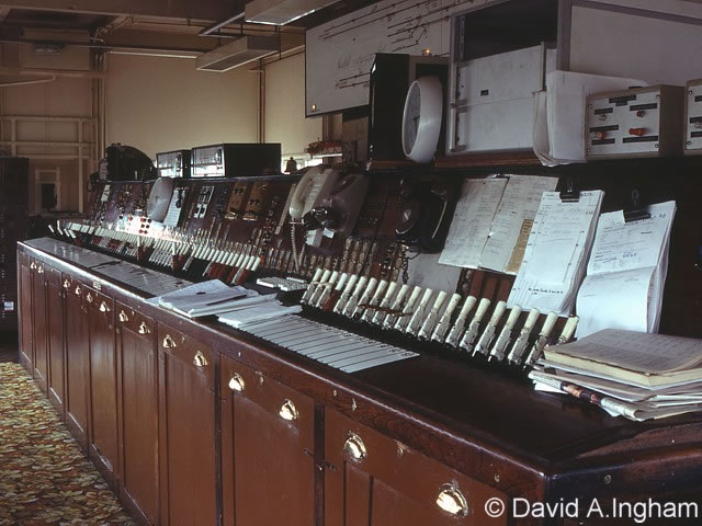 Deal Street [Manchester] signal box taken in 1990, with its Westinghouse Brake and Signal Co. Ltd style 'K' miniature power lever frame photograph 2