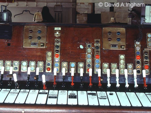Deal Street [Manchester] signal box taken in 1990, with its Westinghouse Brake and Signal Co. Ltd style 'K' miniature power lever frame photograph 3 - closeup of block instruments.