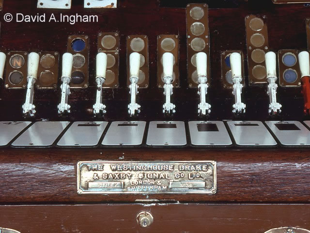 Deal Street [Manchester] signal box taken in 1990, with its Westinghouse Brake and Signal Co. Ltd style 'K' miniature power lever frame photograph 4 makers plate.