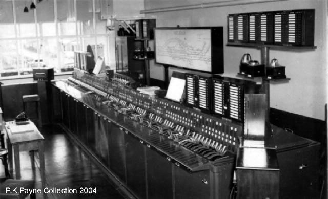 East Croydon signal box internior taken in 1950's, with its Westinghouse Brake and Signal Co. Ltd miniature power lever frame London end.