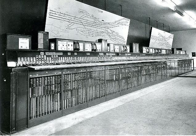 Euston signal box internior taken in 1950's, with its Westinghouse Brake and Signal Co. Ltd miniature power lever frame, notice the train describers