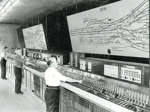 Euston signal box internior taken in 1950's, with its Westinghouse Brake and Signal Co. Ltd miniature power lever frame, closeup of the track diagrams.