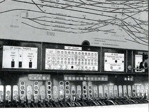 Euston signal box internior taken in 1950's, with its Westinghouse Brake and Signal Co. Ltd miniature power lever frame, closeup of the track diagram and up slow line train describer.