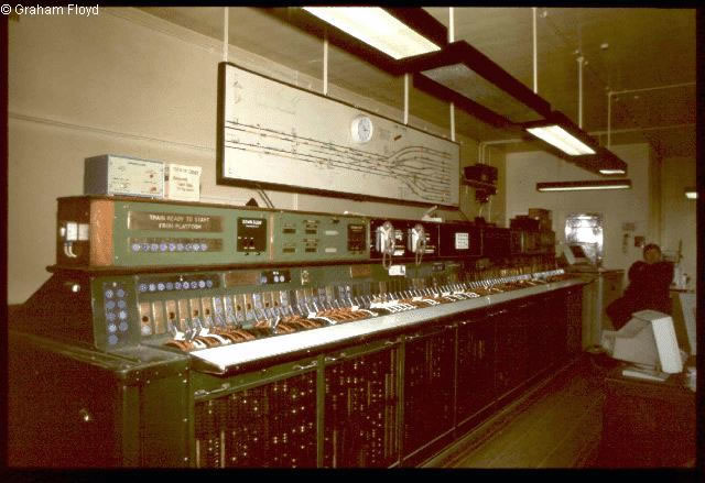 Liverpool Lime Street signal box general interior view taken 1990's, with its Westinghouse Brake and Signal Co. Ltd miniature power lever frame photo 1