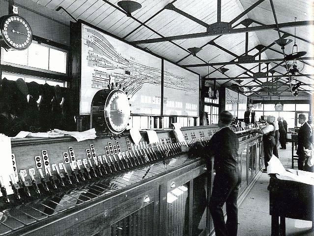 London Bridge signal box internior taken in 1950's, with its Westinghouse Brake and Signal Co. Ltd miniature power lever frame, notice the Walker Rotary Train describer, photograph 1