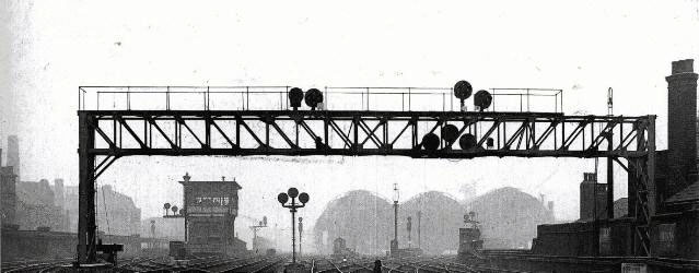 Western approaches to Manchester Victoria Station with Deal Street signalbox in the immediate left