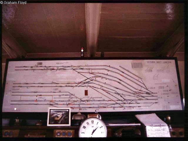 Victoria West Junction [Manchester] signal box taken around 1990, with its Westinghouse Brake and Signal Co. Ltd style 'K' miniature power lever frame track diagram photograph 2