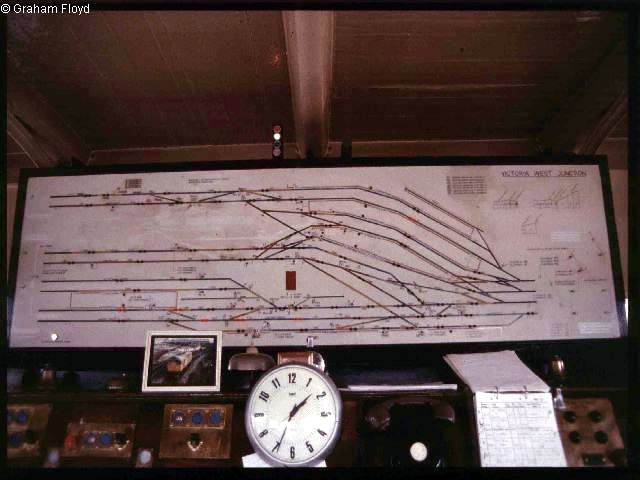 Victoria West Junction [Manchester] signal box taken around 1990, with its Westinghouse Brake and Signal Co. Ltd style 'K' miniature power lever frame track diagram photograph 1
