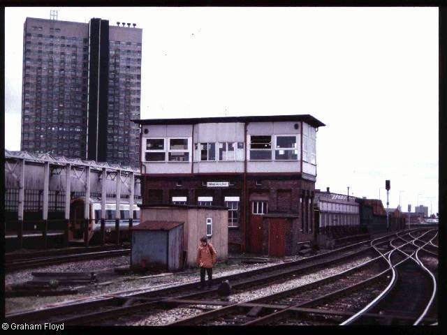 Victoria West Junction [Manchester] signal box around 1990, external view, this housed a Westinghouse Style 'K' miniature power lever frame photgraph 1