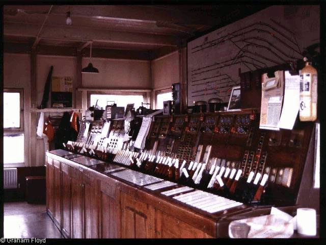 Victoria West Junction [Manchester] signal box taken around 1990, with its Westinghouse Brake and Signal Co. Ltd style 'K' miniature power lever frame photograph 2
