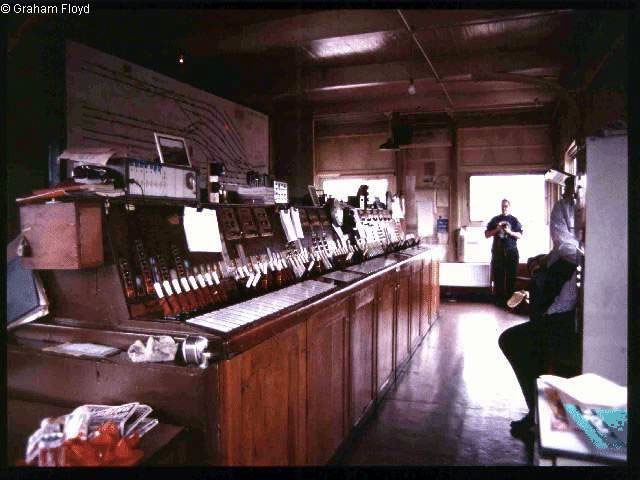 Victoria West Junction [Manchester] signal box taken around 1990, with its Westinghouse Brake and Signal Co. Ltd style 'K' miniature power lever frame photograph 1