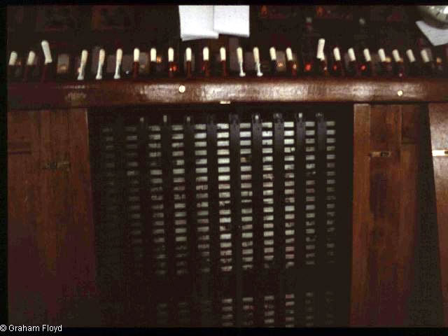 Victoria West Junction [Manchester] signal box taken around 1990, with its Westinghouse Brake and Signal Co. Ltd style 'K' miniature power lever frame mechinical locking photograph 1