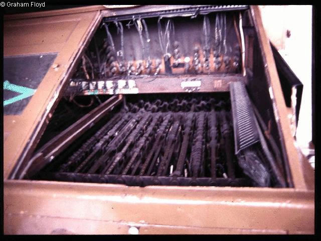 Victoria West Junction [Manchester] signal box taken around 1990, with its Westinghouse Brake and Signal Co. Ltd style 'K' miniature power lever frame electical rotary contacts photograph 1