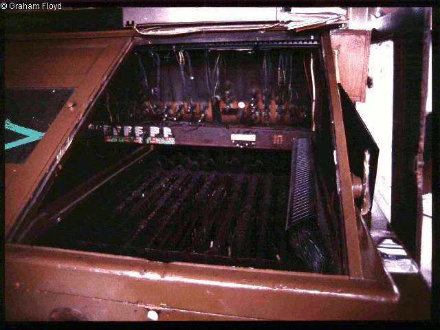Victoria West Junction [Manchester] signal box taken around 1990, with its Westinghouse Brake and Signal Co. Ltd style 'K' miniature power lever frame electical rotary contacts photograph 2