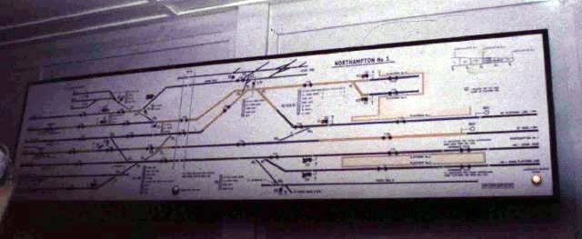 Northampton No.3 signal box general interior view taken 1980's, with its Westinghouse Brake and Signal Co. Ltd miniature power lever frame, track diagram detail 