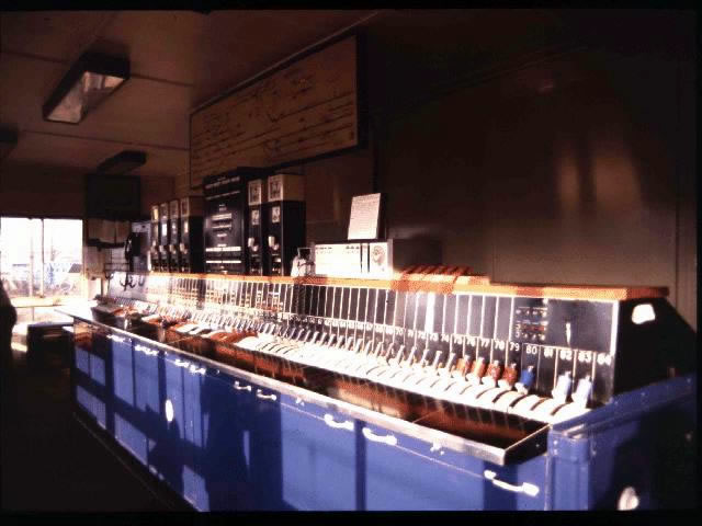 Northampton No.3 signal box general interior view taken 1980's, with its Westinghouse Brake and Signal Co. Ltd miniature power lever frame, taken from high end lever numbers.