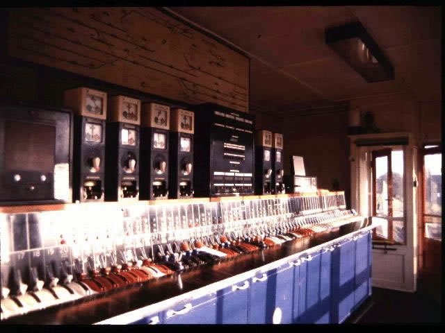 Northampton No.3 signal box general interior view taken 1980's, with its Westinghouse Brake and Signal Co. Ltd miniature power lever frame, taken from low end lever numbers.