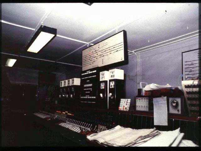 Northampton No.3 signal box general interior view taken 1980's, with its Westinghouse Brake and Signal Co. Ltd miniature power lever frame, taken from London end of frame.