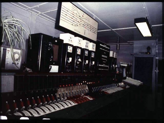 Northampton No.3 signal box general interior view taken 1980's, with its Westinghouse Brake and Signal Co. Ltd miniature power lever frame, taken from high end lever numbers.