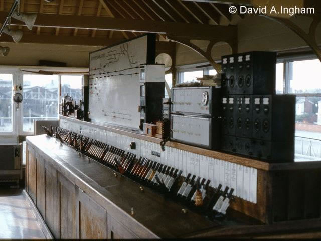 Southport Chapel Street signal box general interior view taken 1987, with its Westinghouse Brake and Signal Co. Ltd miniature power lever frame photograph 1