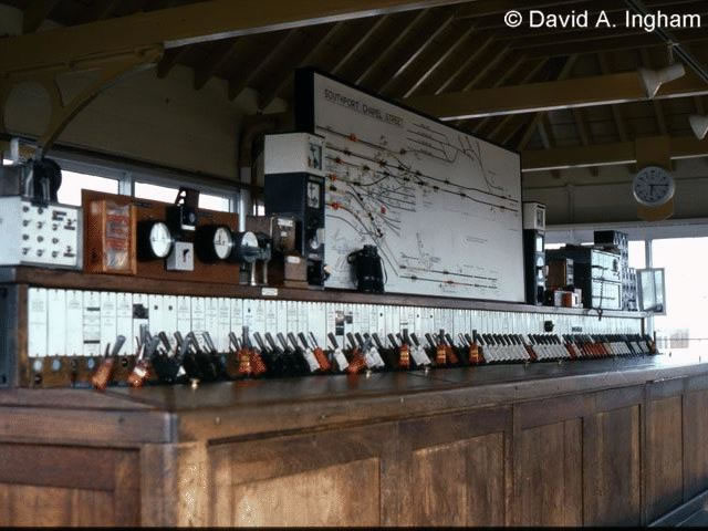 Southport Chapel Street signal box general interior view taken 1987, with its Westinghouse Brake and Signal Co. Ltd miniature power lever frame photograph 1