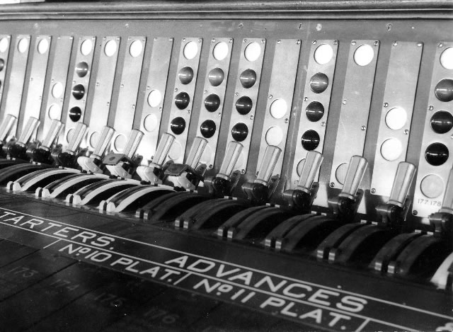 Waterloo signal box lever frame closeup 19th October 1936 publicity photograph