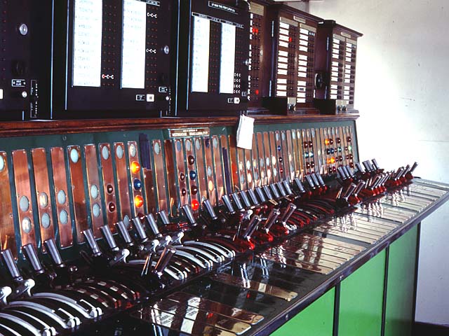 West London Junction signal box taken in 1988, with its Westinghouse Brake and Signal Co. Ltd miniature power lever frame closeup detail photograph of levers and train describers.