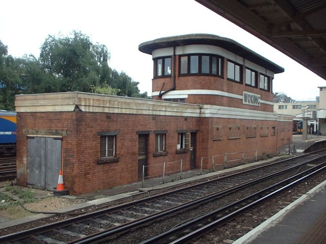 Woking signal box taken arond 2003, with its Westinghouse Brake and Signal Co. Ltd miniature power lever frame looking at the counrty end of the box