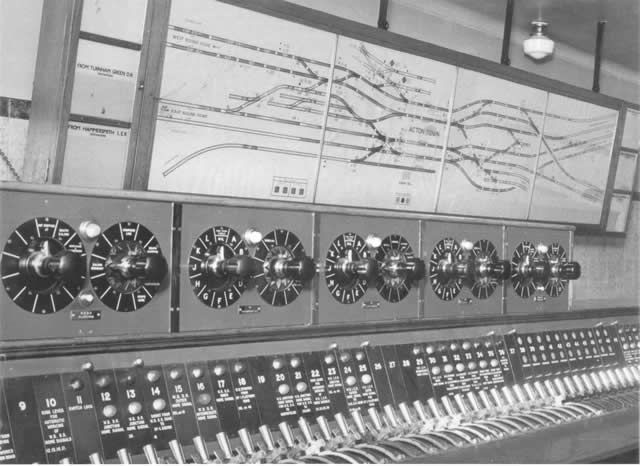 Acton Town signal cabin. Detail showing control panel. Photographed by Topical Press, 1934