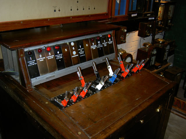 Covent Garden signal frame taken in 2005, with its Westinghouse Brake and Signal Co. Ltd style 'B' miniature power lever frame in Severn Valley Railway Museum photograph 2