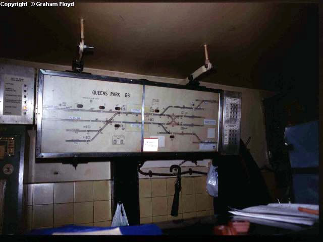 Queens Park signal box taken around 1990, with its Westinghouse Track diagram in close up.