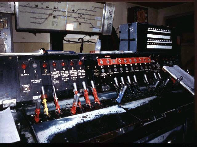Queens Park signal box taken around 1990, with its Westinghouse Brake and Signal Co. Ltd style 'B' miniature power lever frame photograph 3