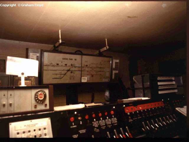 Queens Park signal box taken around 1990, with its Westinghouse Brake and Signal Co. Ltd style 'B' miniature power lever frame photograph 2