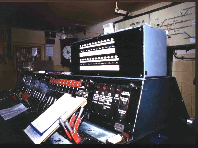 Queens Park signal box taken around 1990, with its Westinghouse Brake and Signal Co. Ltd style 'B' miniature power lever frame photograph 4