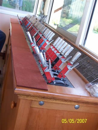 geberal view of the lever frame comprising of Westinghouse style miniature levers