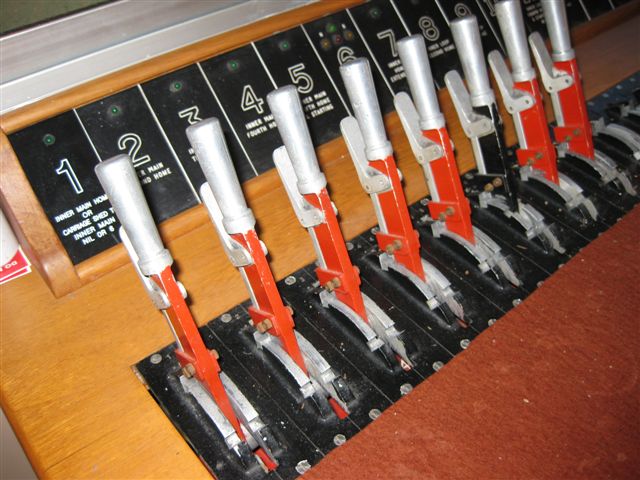 closeup of the westinghouse style levers in the signal box