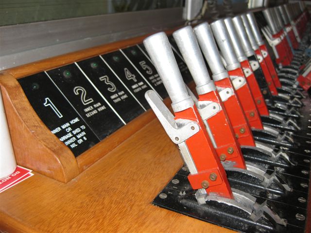 closeup of the westinghouse style levers in the signal box